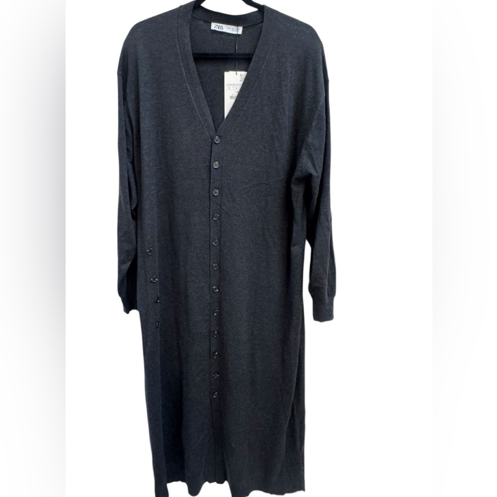 Zara Charcoal V-Neck long cardigan sweater with button detail - New!